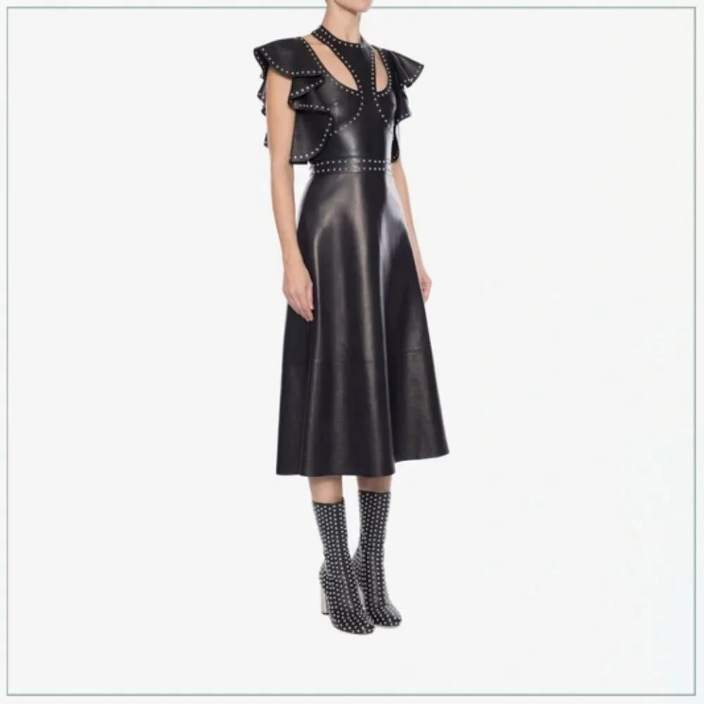 $8990 Alexander McQueen Studded Trim Lamb Leather Ruffle Runway Midi Dress - Picture 10 of 11
